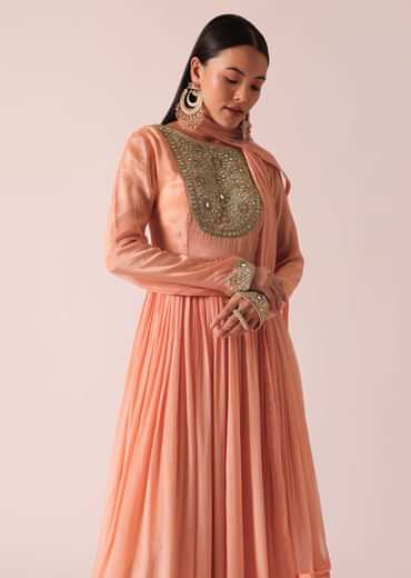 Peach Chiffon Embroidered Anarkali With Dupatta