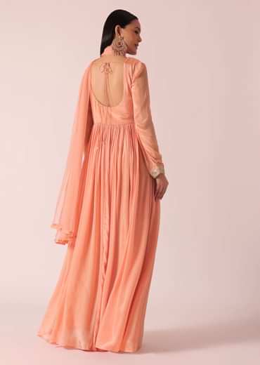 Peach Chiffon Embroidered Anarkali With Dupatta