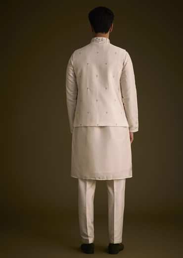 Peach Cotton Silk Jacket Set With Multi Color Resham Floral Embroidery