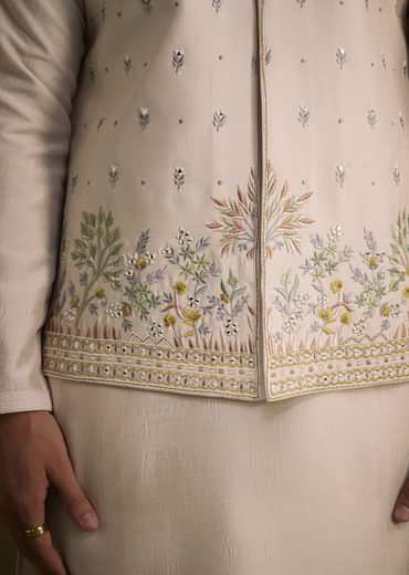 Peach Cotton Silk Jacket Set With Multi Color Resham Floral Embroidery