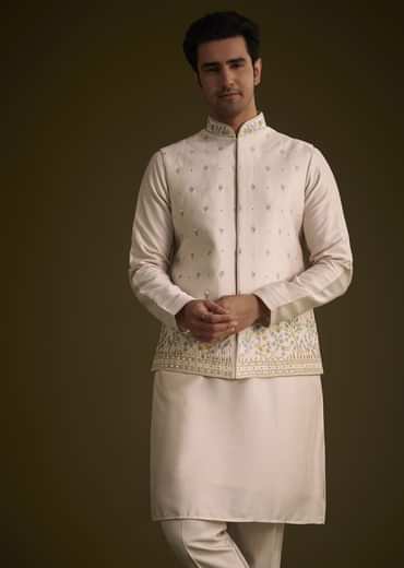 Peach Cotton Silk Jacket Set With Multi Color Resham Floral Embroidery