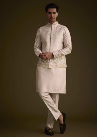 Peach Cotton Silk Jacket Set With Multi Color Resham Floral Embroidery