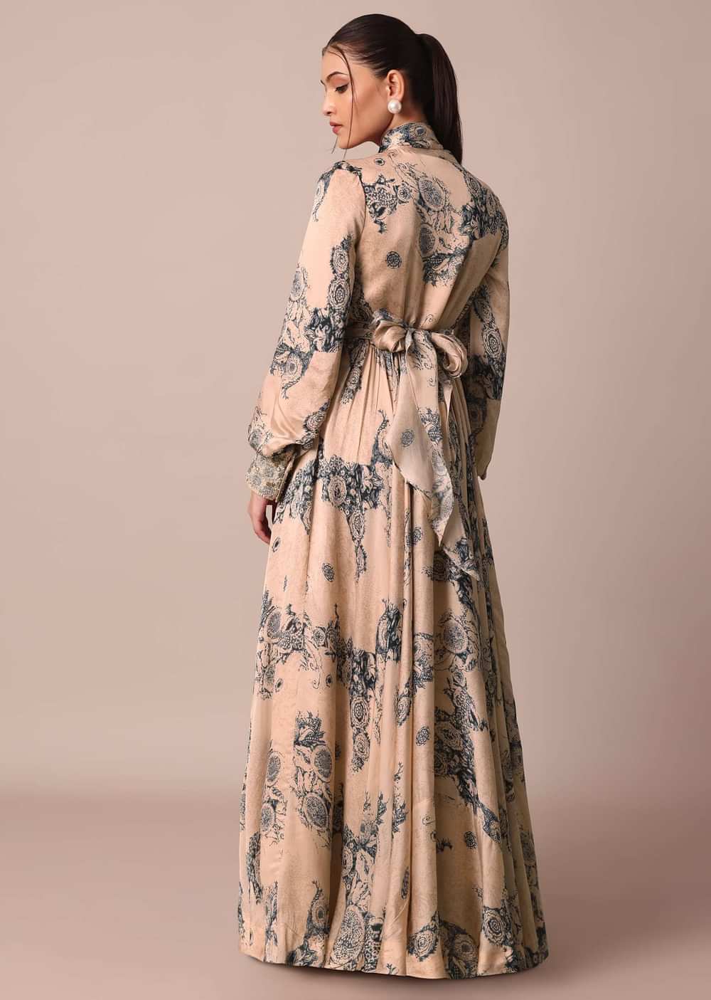 Peach Crepe Printed Indo Gown With Embroidered Sleeves