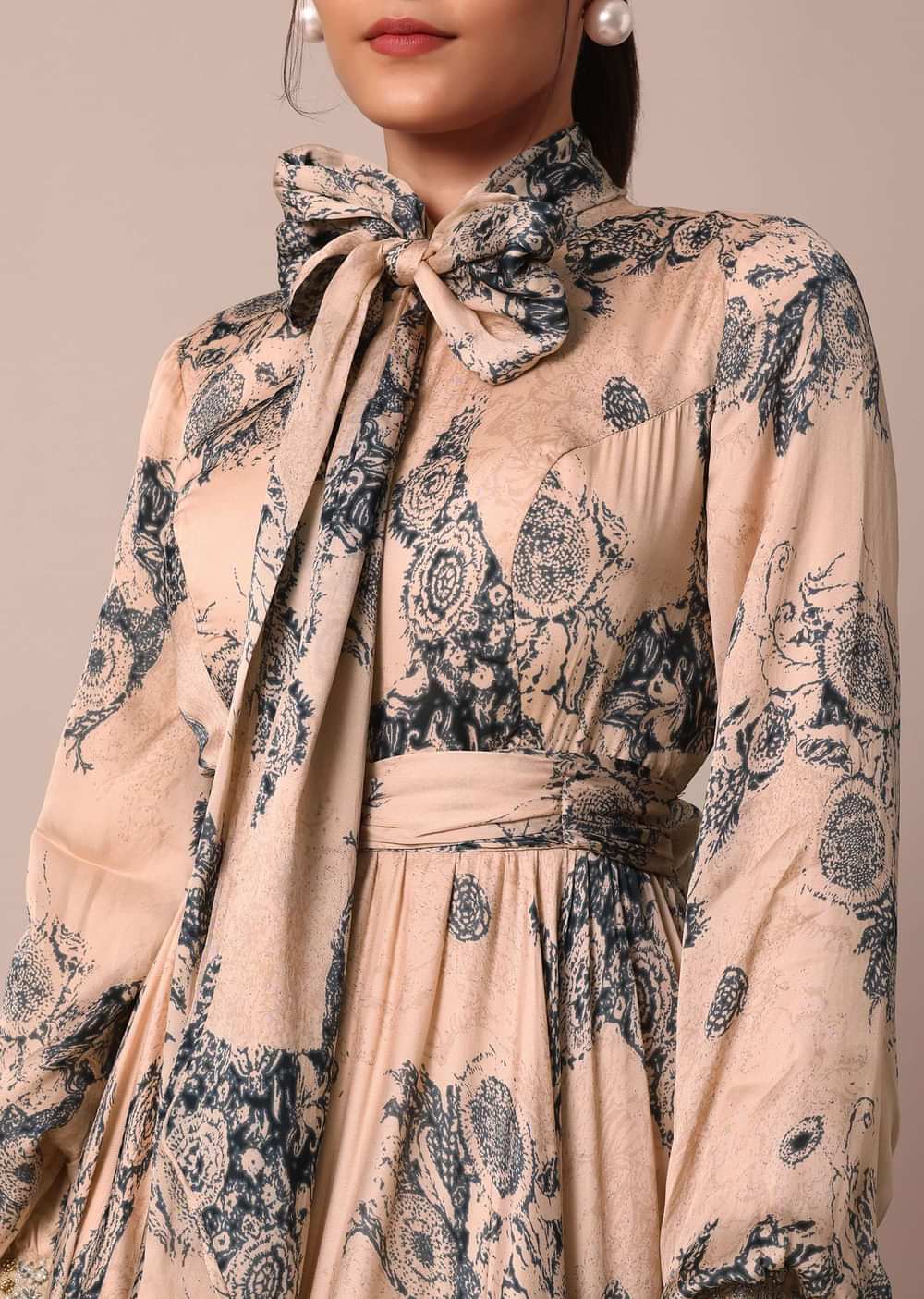 Peach Crepe Printed Indo Gown With Embroidered Sleeves