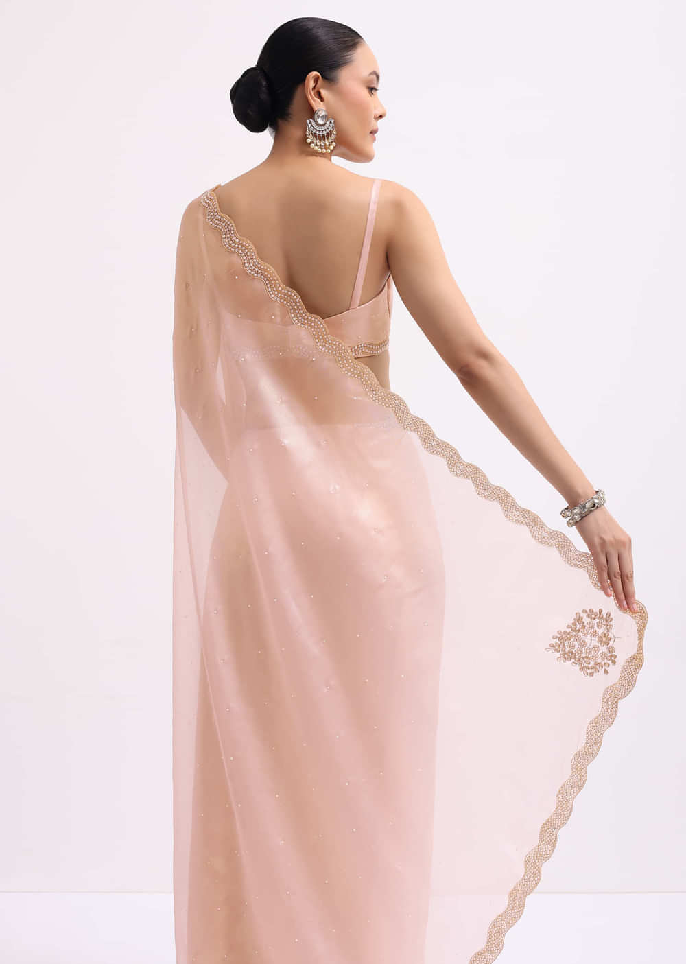 Peach Cutdana Embroidered Tissue Saree With Unstitched Blouse