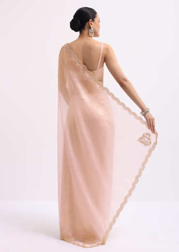 Peach Cutdana Embroidered Tissue Saree With Unstitched Blouse