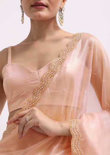 Peach Cutdana Embroidered Tissue Saree With Unstitched Blouse