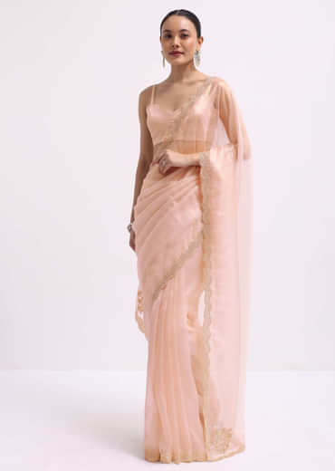 Peach Cutdana Embroidered Tissue Saree With Unstitched Blouse