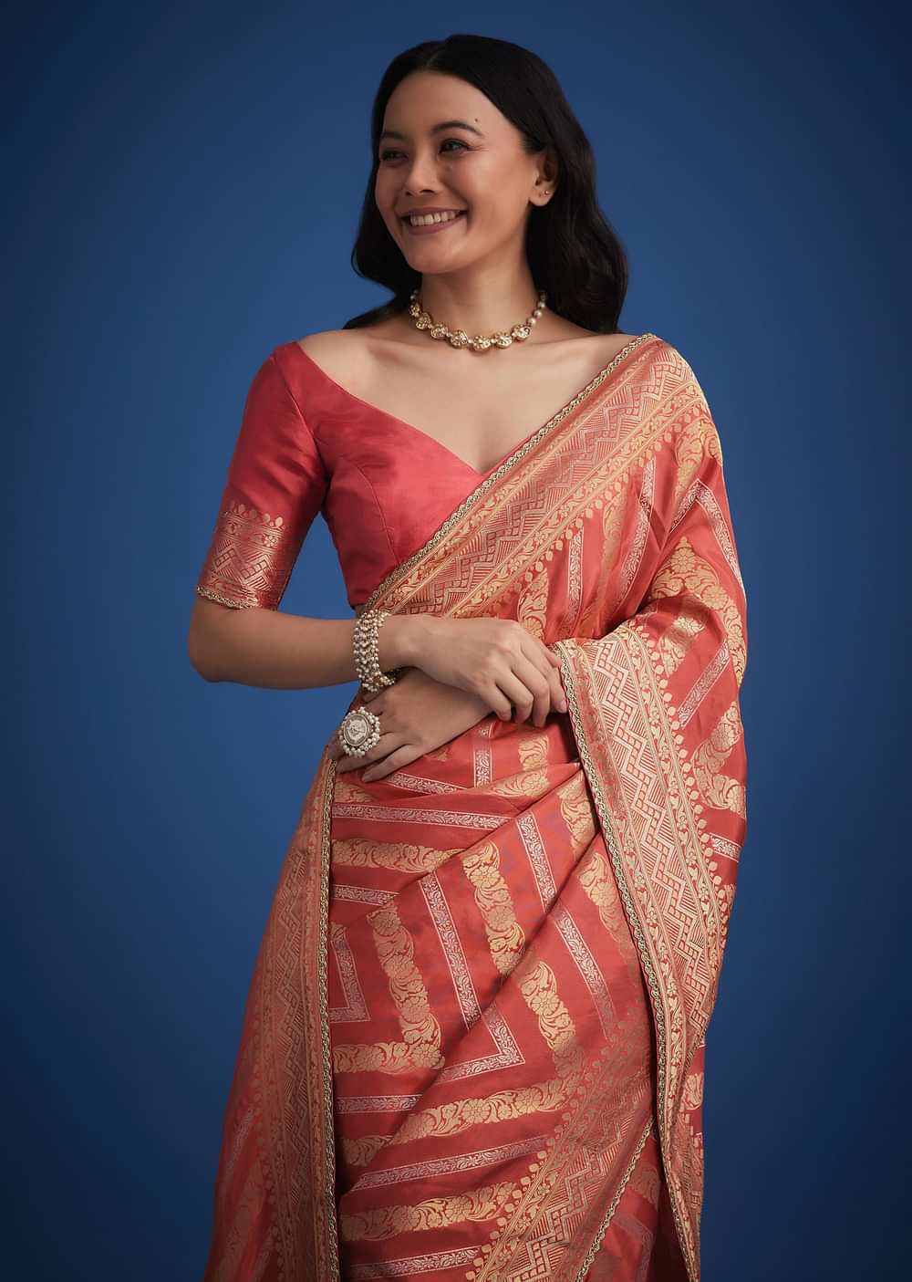 Peach Dola Silk Saree With Zari Work And Gota Patti Border