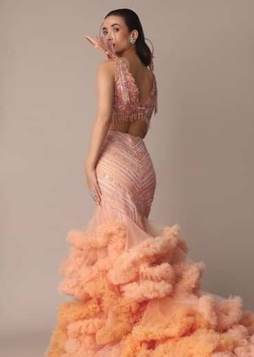 Peach Organza Cutdana Trail Lehenga With Feather Sleeve Blouse