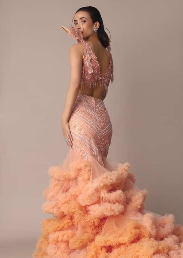 Peach Organza Cutdana Trail Lehenga With Feather Sleeve Blouse