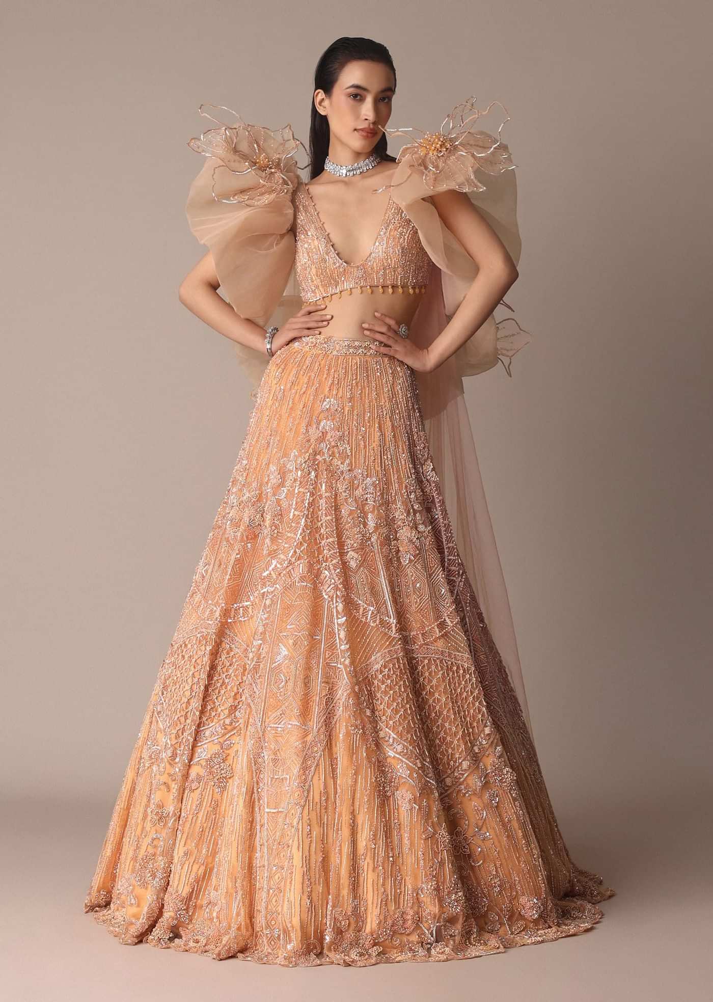 Peach Zardosi Lehenga With Dramatic Net Sleeves Blouse