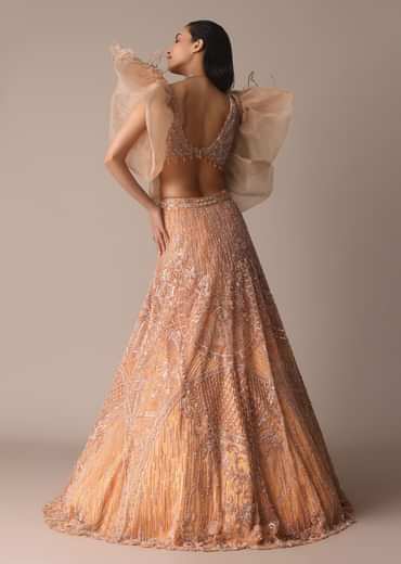 Peach Zardosi Lehenga With Dramatic Net Sleeves Blouse