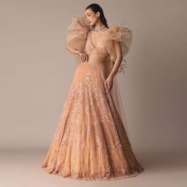 Peach Zardosi Lehenga With Dramatic Net Sleeves Blouse
