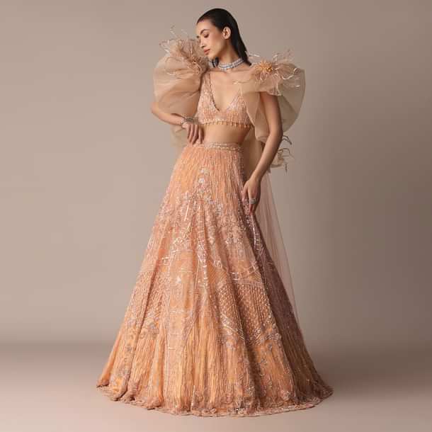 Peach Zardosi Lehenga With Dramatic Net Sleeves Blouse
