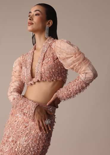 Peach Zardosi Fishcut Skirt With Embroidered Short Sleeve Jacket