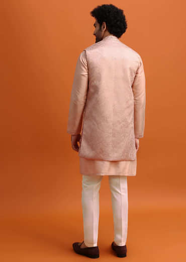 Peach Embroidered Kurta Jacket Set For Men