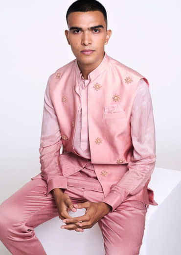 Peach Hand Embroidered Satin Bandi And Kurta Set