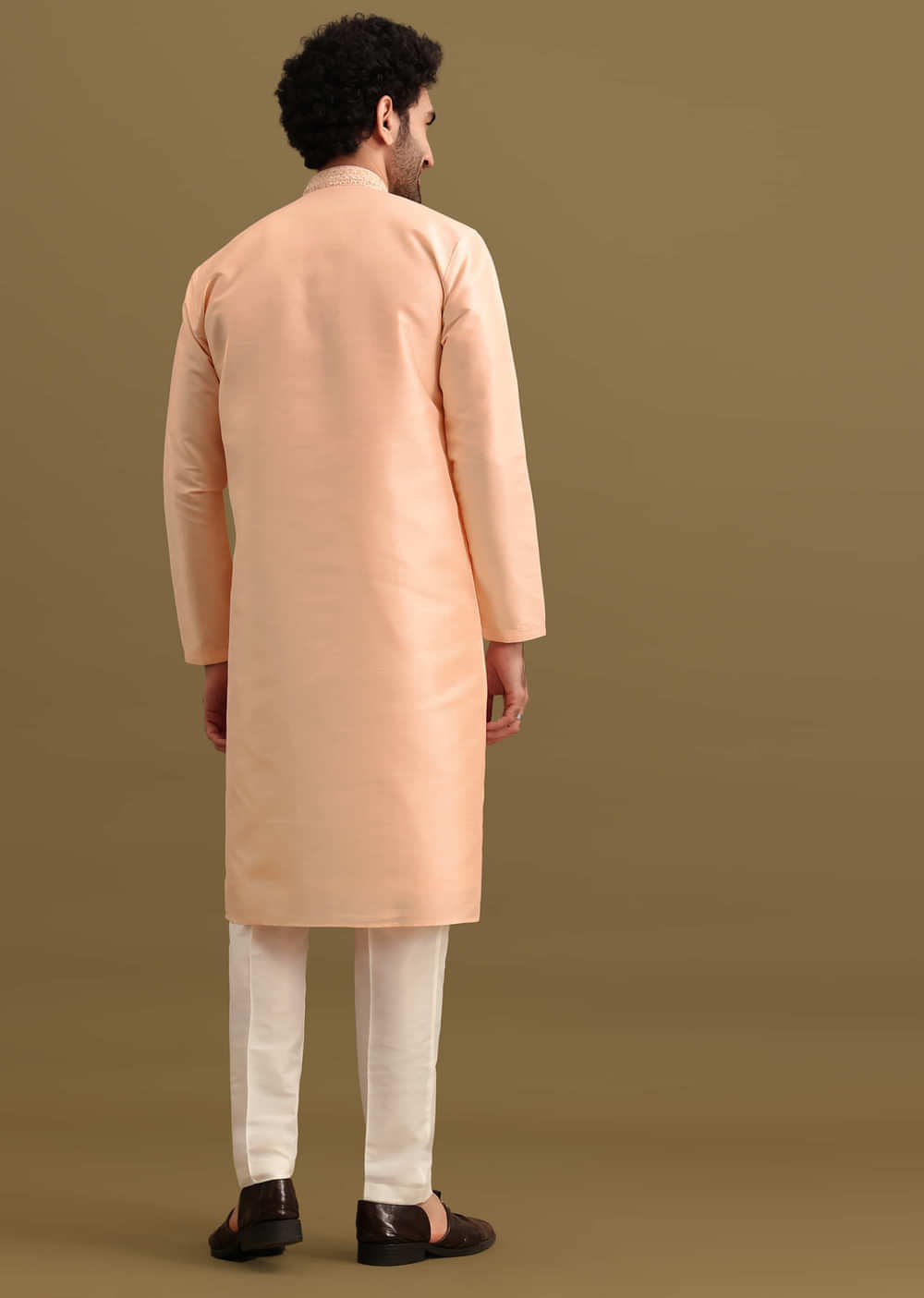 Peach Embroidered Silk Kurta Set For Men