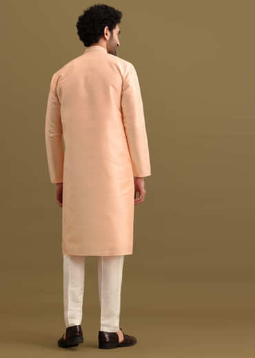 Peach Embroidered Silk Kurta Set For Men