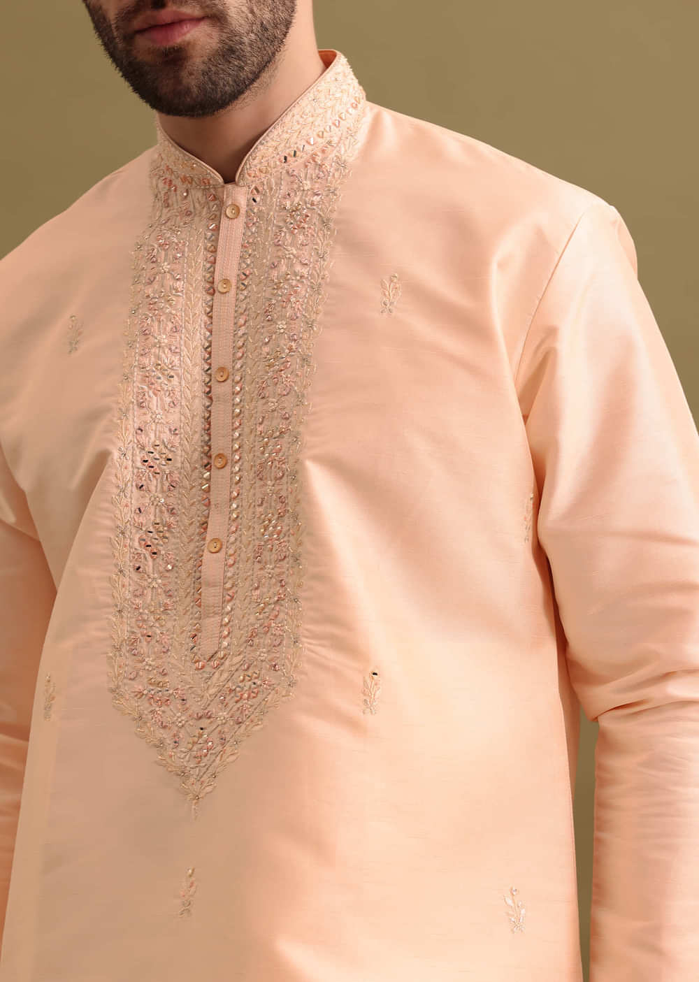 Peach Embroidered Silk Kurta Set For Men