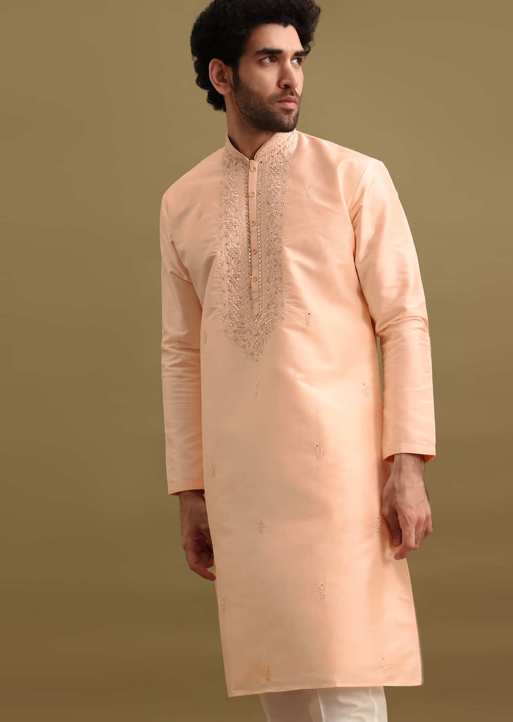 Peach Embroidered Silk Kurta Set For Men