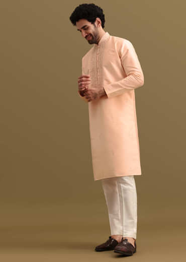Peach Embroidered Silk Kurta Set For Men