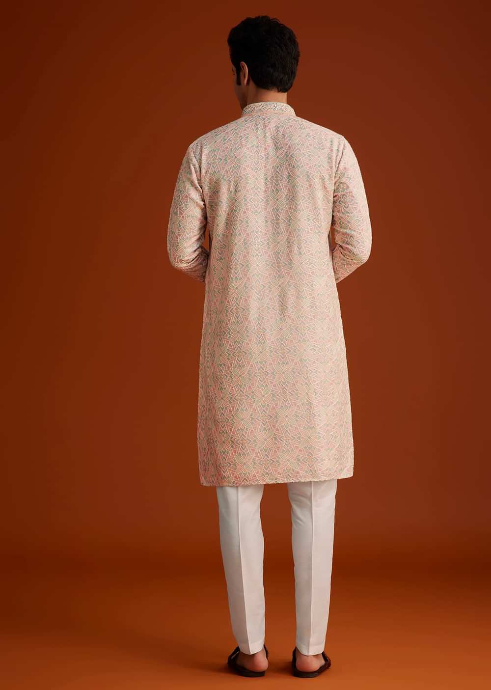 Peach Embroidered Silk Kurta Set With Resham Work