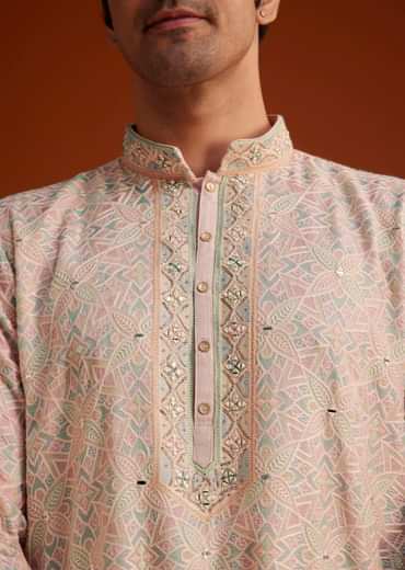 Peach Embroidered Silk Kurta Set With Resham Work