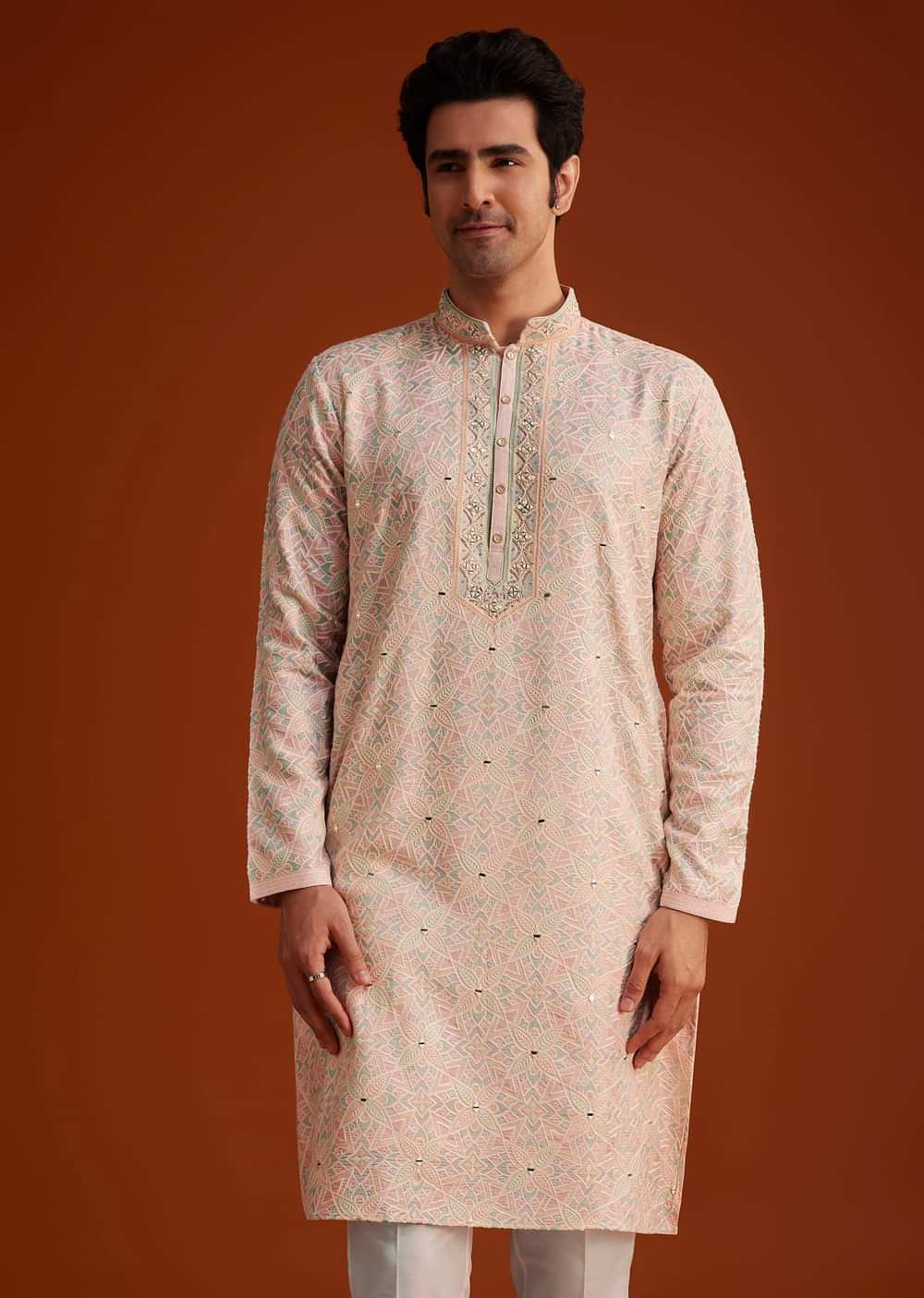 Peach Embroidered Silk Kurta Set With Resham Work