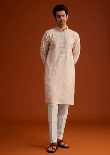 Peach Embroidered Silk Kurta Set With Resham Work