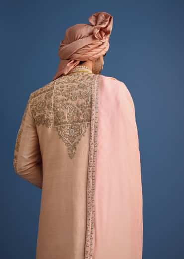 Peach Embroidered Silk Sherwani Suit