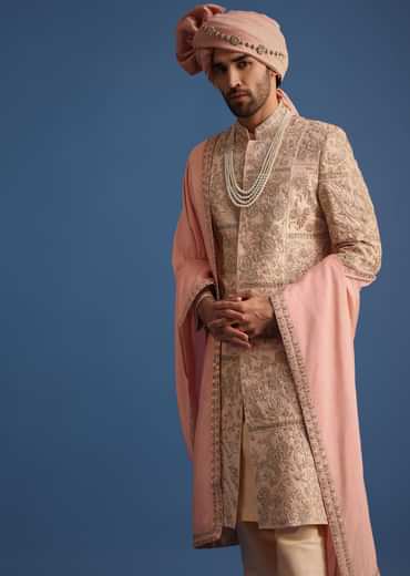 Peach Embroidered Silk Sherwani Suit