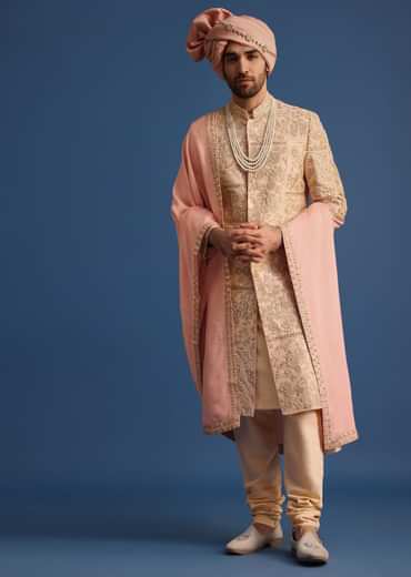 Peach Embroidered Silk Sherwani Suit