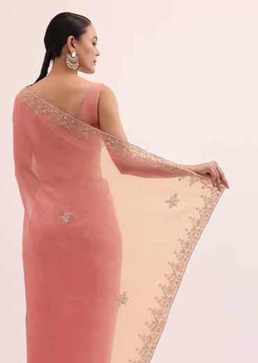 Peach Embroidered Tissue Saree With Unstitched Blouse