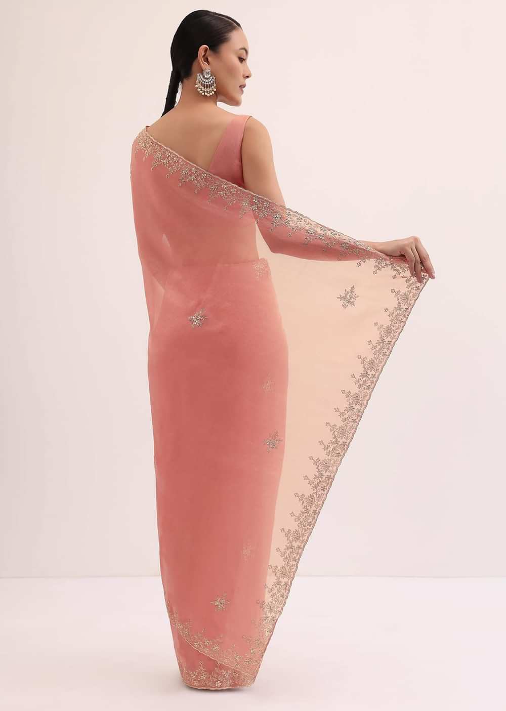 Peach Embroidered Tissue Saree With Unstitched Blouse