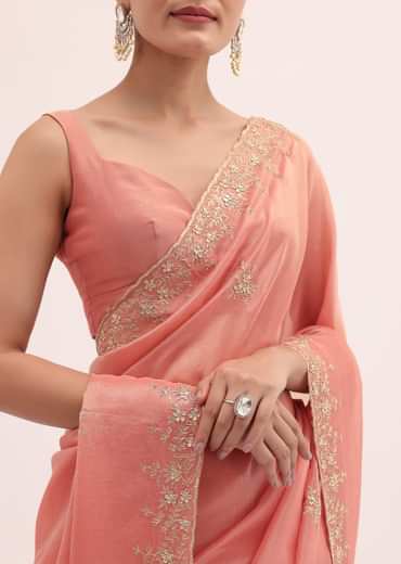 Peach Embroidered Tissue Saree With Unstitched Blouse