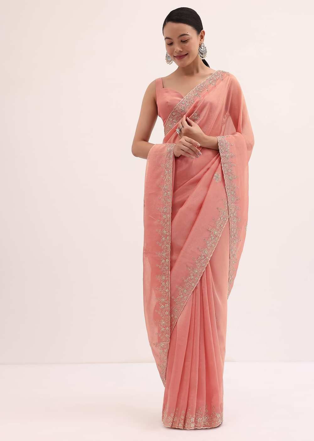 Peach Embroidered Tissue Saree With Unstitched Blouse