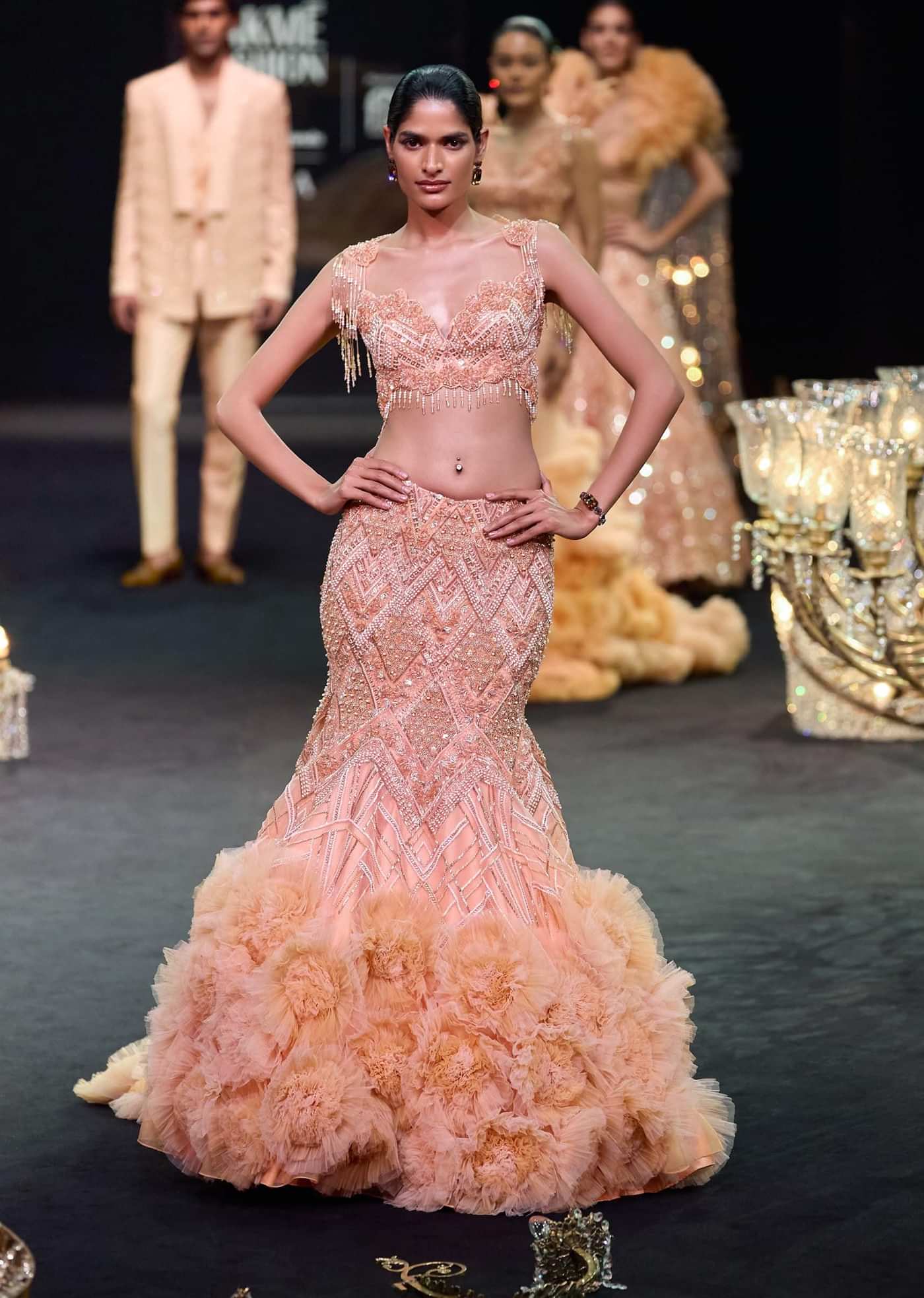 Peach Fish Cut Frill Lehenga Set With Trail Dupatta And Tassels