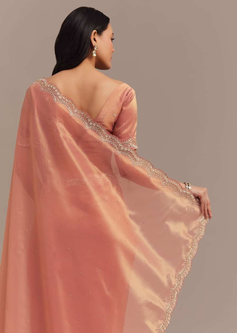 Peach Glass Tissue Saree With Stone And Cutdana Embroidery
