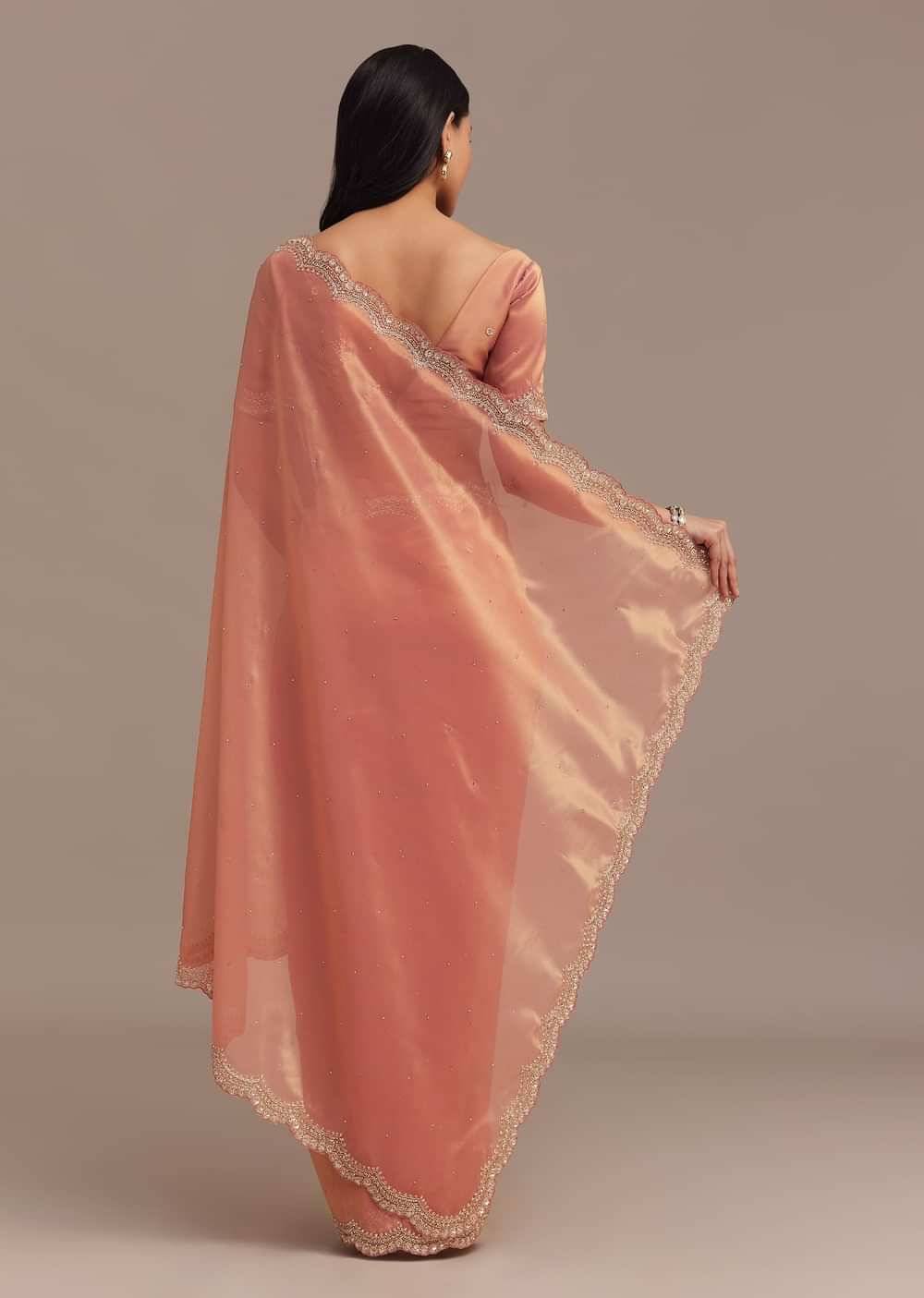 Peach Glass Tissue Saree With Stone And Cutdana Embroidery