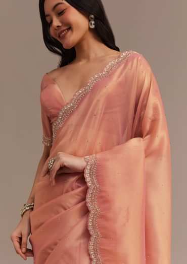 Peach Glass Tissue Saree With Stone And Cutdana Embroidery