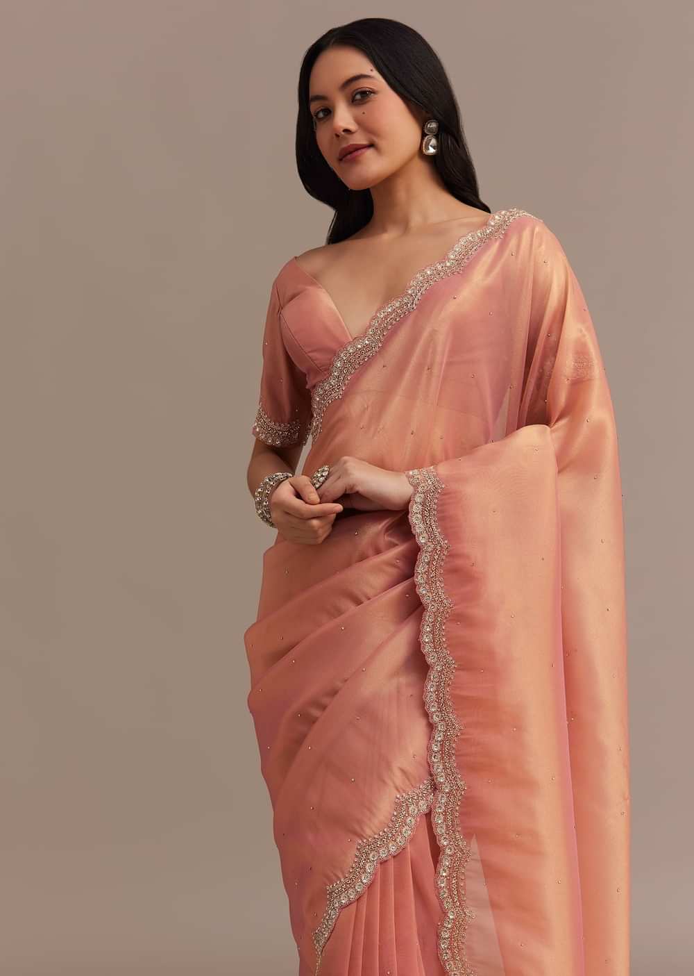 Peach Glass Tissue Saree With Stone And Cutdana Embroidery