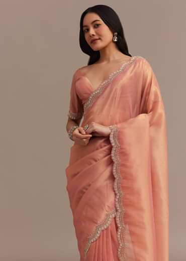 Peach Glass Tissue Saree With Stone And Cutdana Embroidery