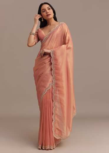 Peach Glass Tissue Saree With Stone And Cutdana Embroidery