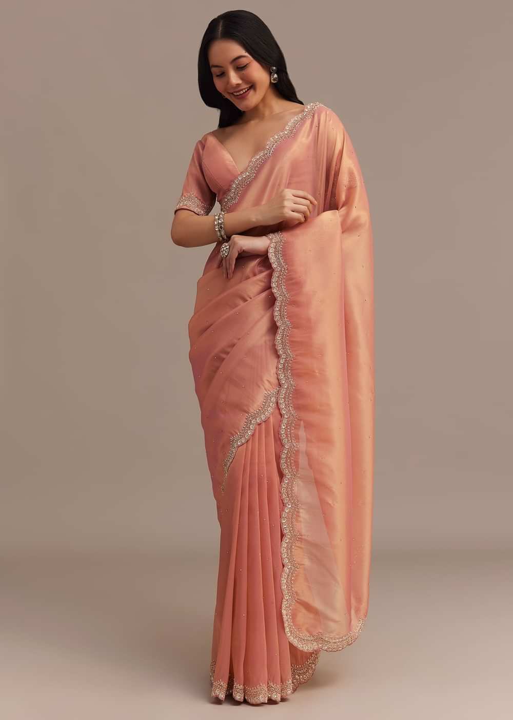 Peach Glass Tissue Saree With Stone And Cutdana Embroidery