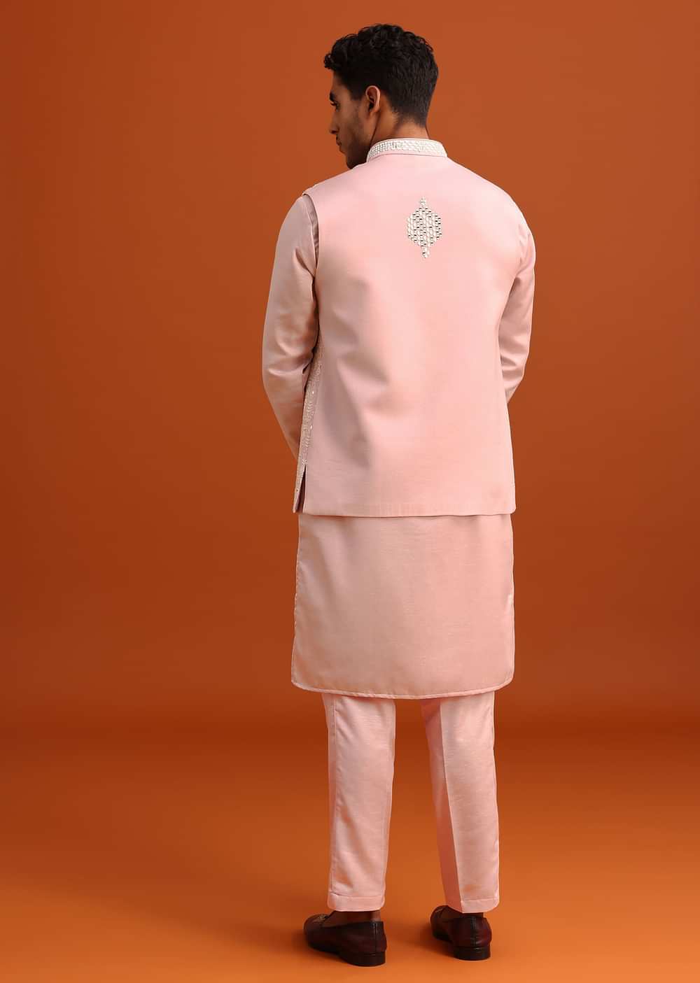 Peach Green Linen Silk Mirror Work Jacket Kurta Set