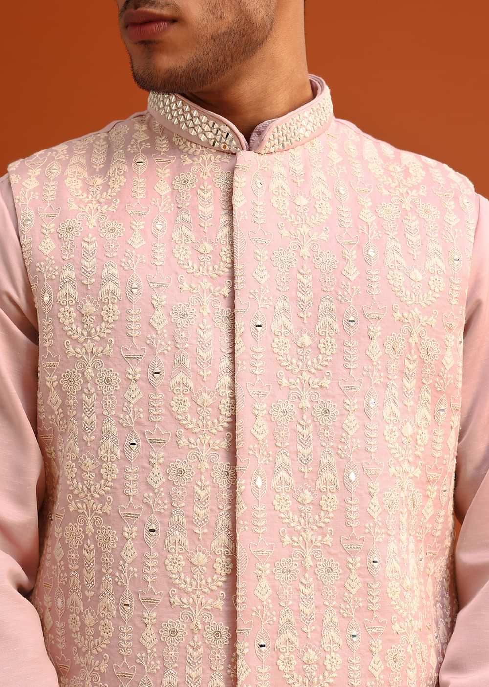 Peach Green Linen Silk Mirror Work Jacket Kurta Set