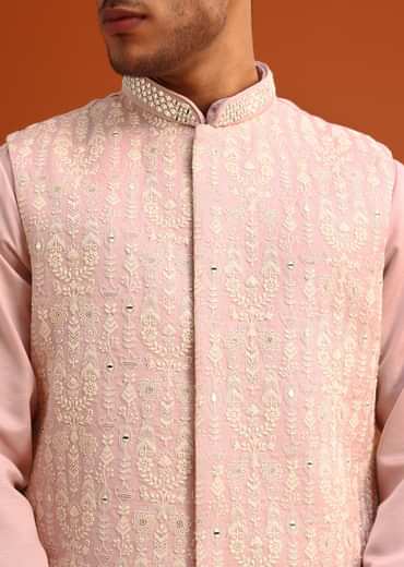 Peach Green Linen Silk Mirror Work Jacket Kurta Set