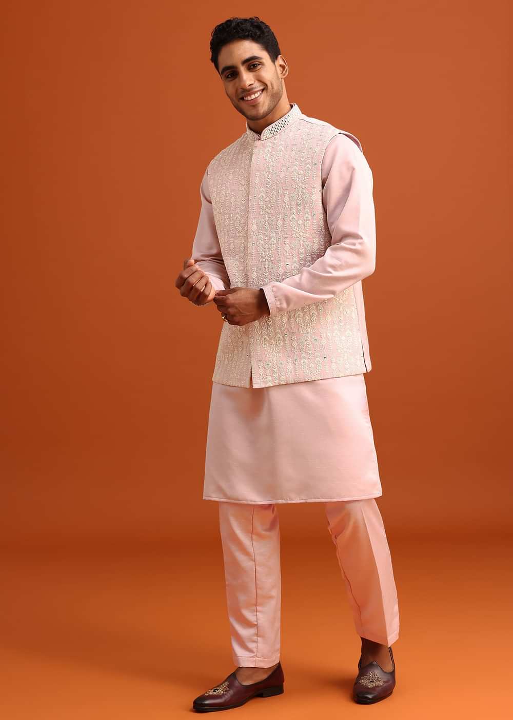 Peach Green Linen Silk Mirror Work Jacket Kurta Set